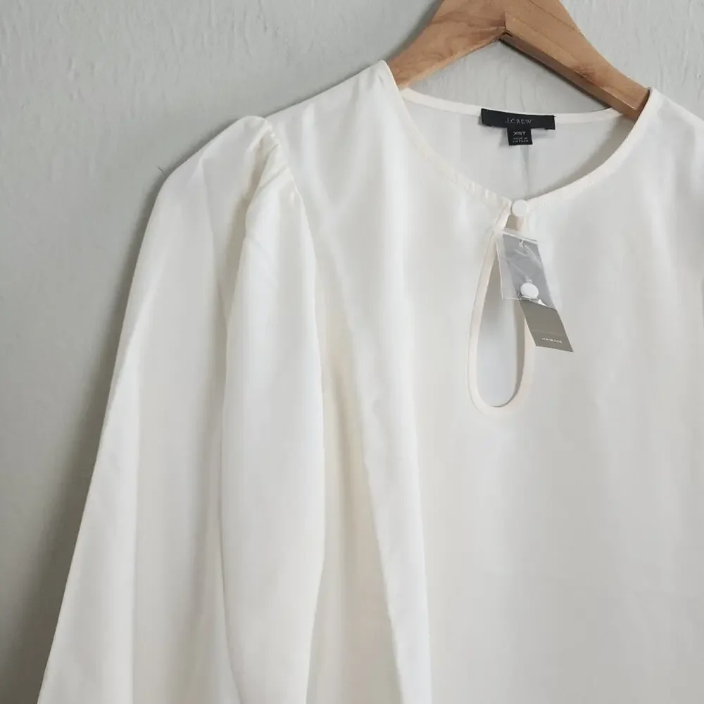 J. Crew Puff Sleeve Satin Back Crepe Top Ivory Keyhole Blouse NWT XS Tall